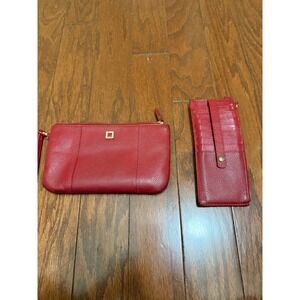 Lodis Red Pebbled Leather Wristlet and Slim Wallet Set Women Gold Hardware